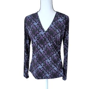 Merona V-Neck Faux Wrap Blouse MEDIUM Black Purple Gray